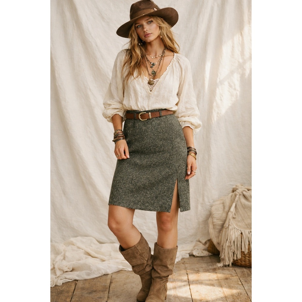 Norton McNaughton Wool Tweed Skirt 12 Green Side Slit Vintage 90s Dark Academia
